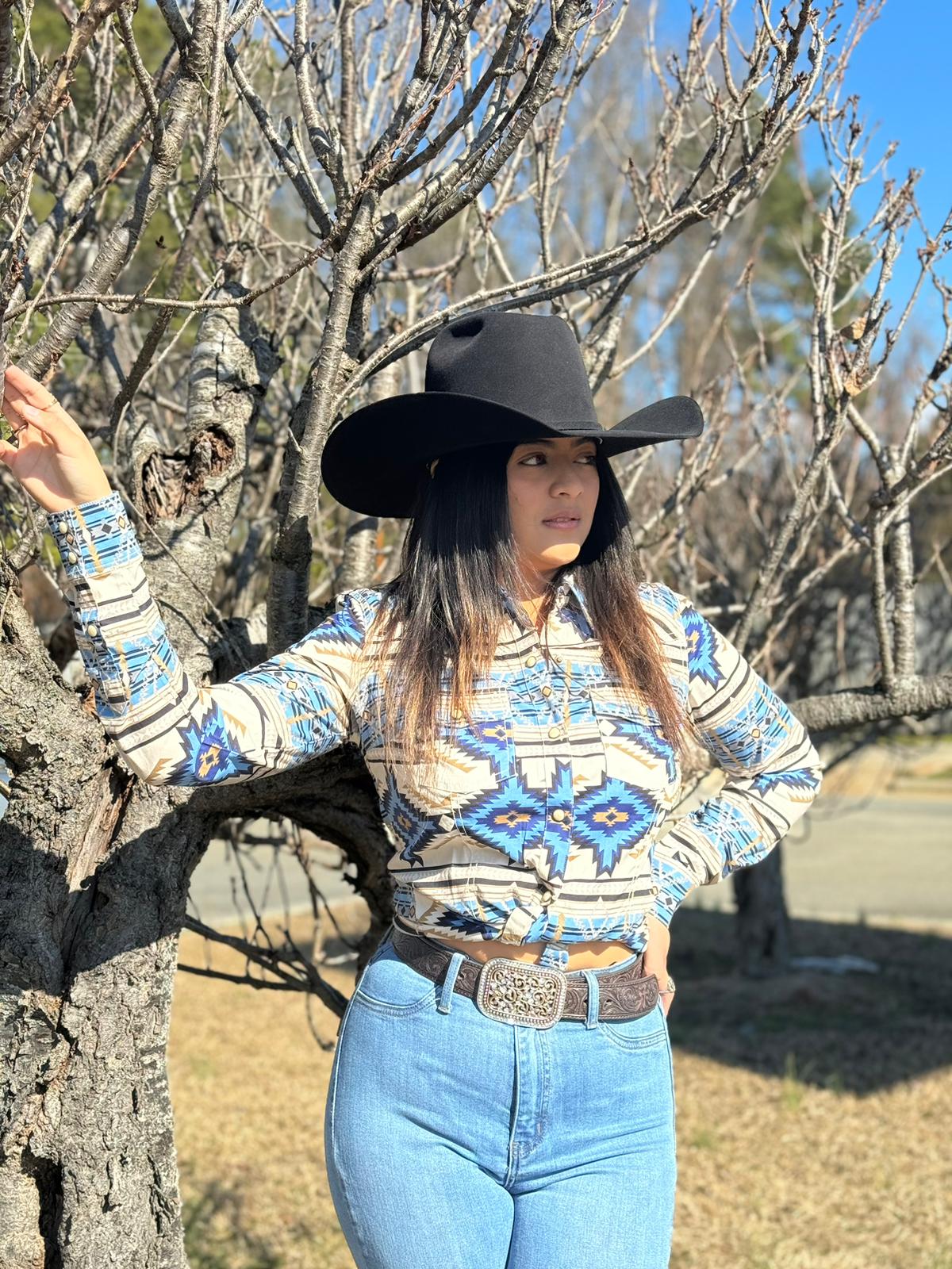 ROCK&ROLL WOMENS BLUE BEIGE AZTEC PRINT SNAP SHIRT