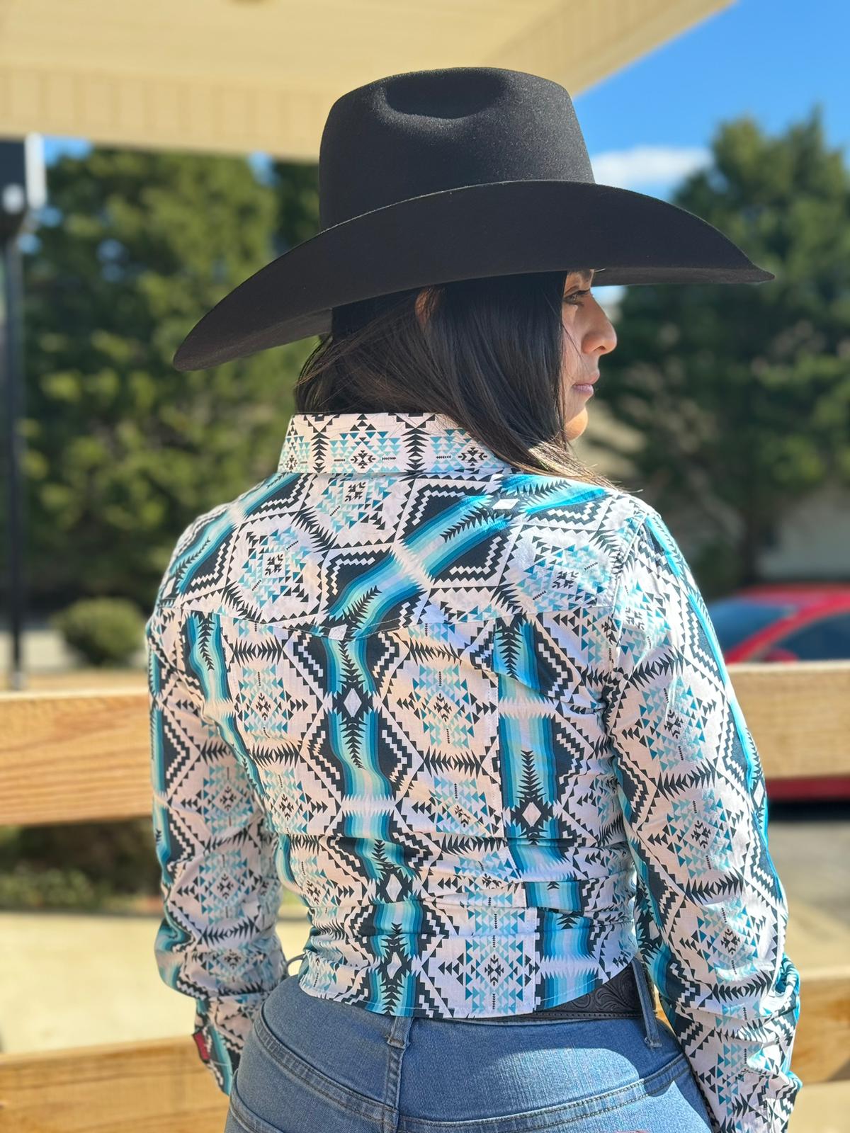 ROCK&ROLL WOMENS TEAL WHITE AZTEC PRINT SNAP SHIRT