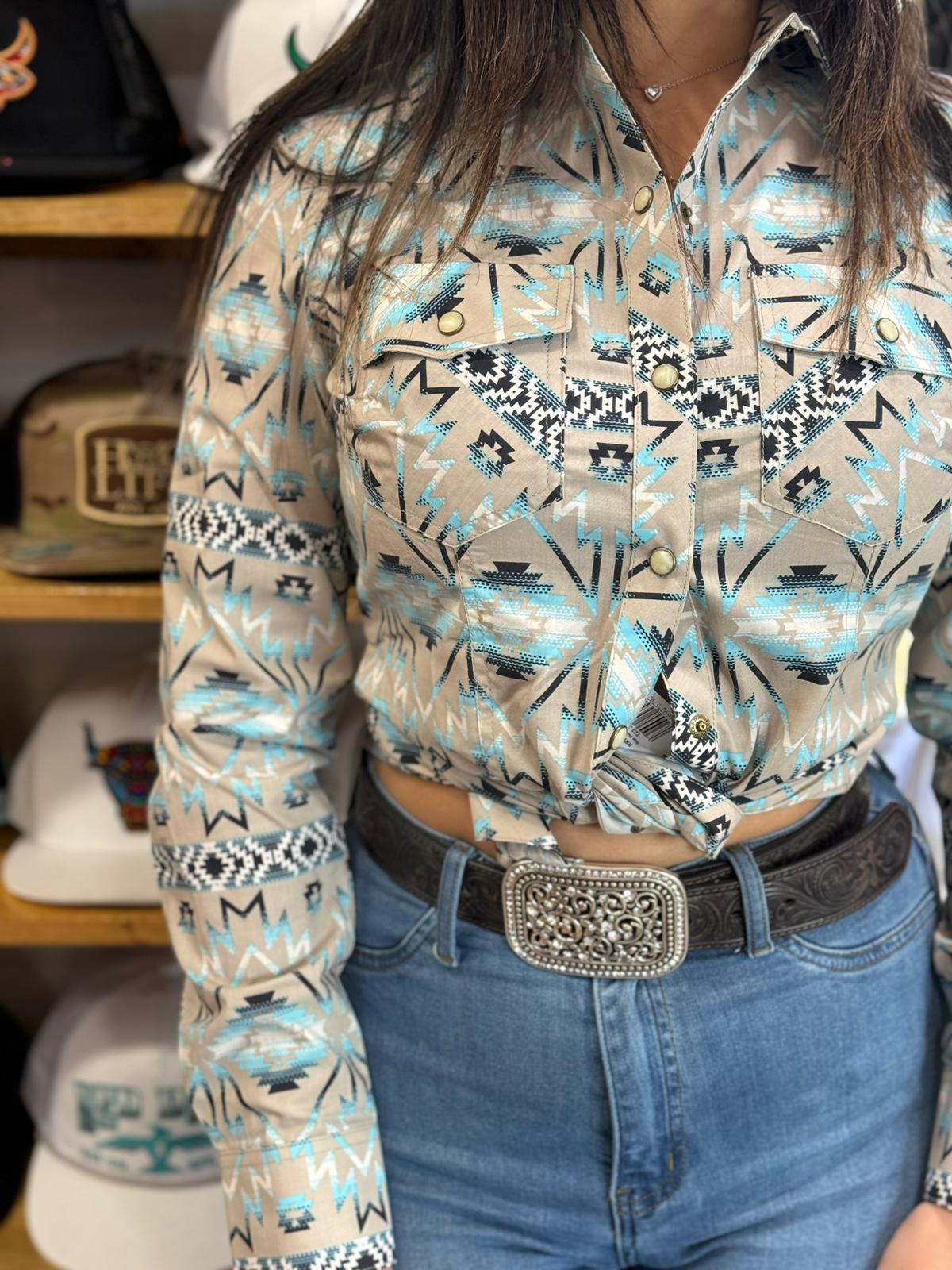 ROCK&ROLL WOMENS TEAL SAND SNAP AZTEC PRINT SHIRT