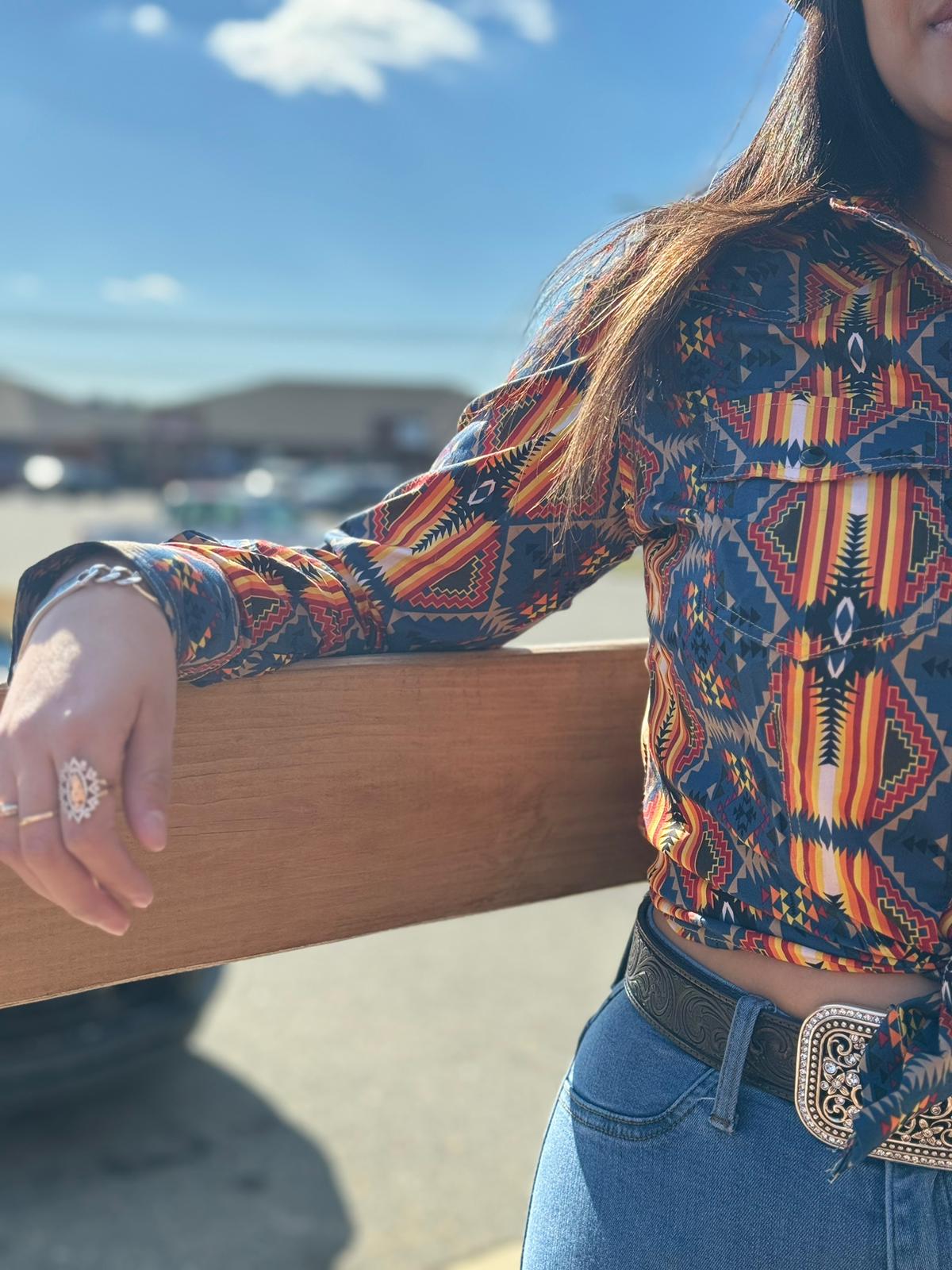 ROCK&ROLL WOMENS TAN BLUE  MULTI COLOR SHARED CORE SNAP SHIRT