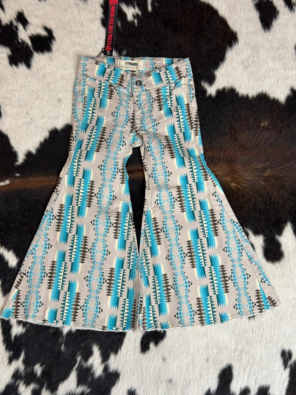 GIRLS ROCK & ROLL PEACOCK TURQUOISE AZTEC BELL BOTTOM