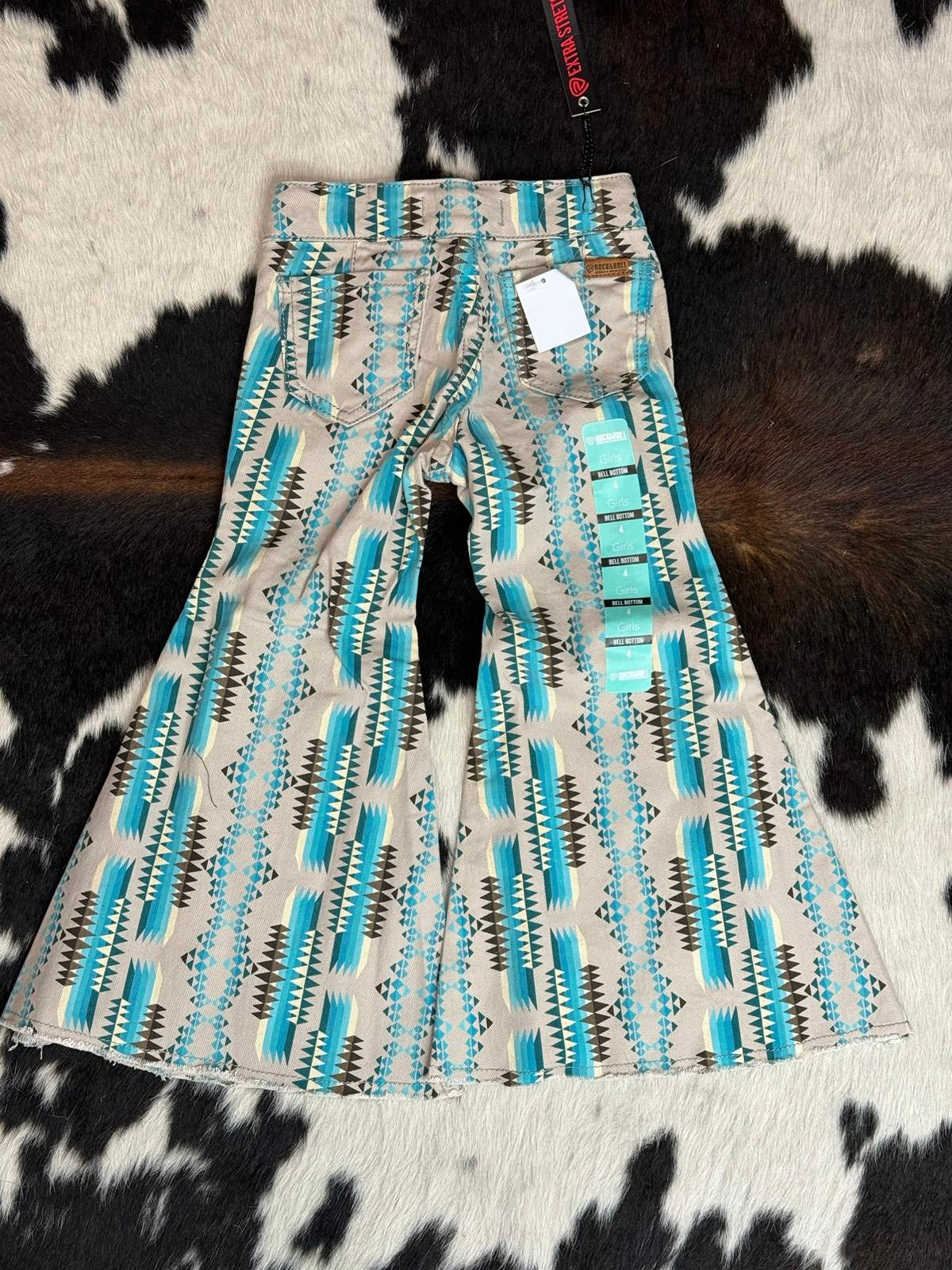 GIRLS ROCK & ROLL PEACOCK TURQUOISE AZTEC BELL BOTTOM