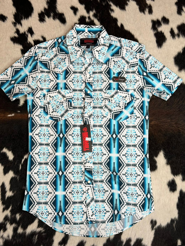 ROCK&ROLL SHORT SLEEVE WHITE ELECTRIC BLUE AZTEC SNAP