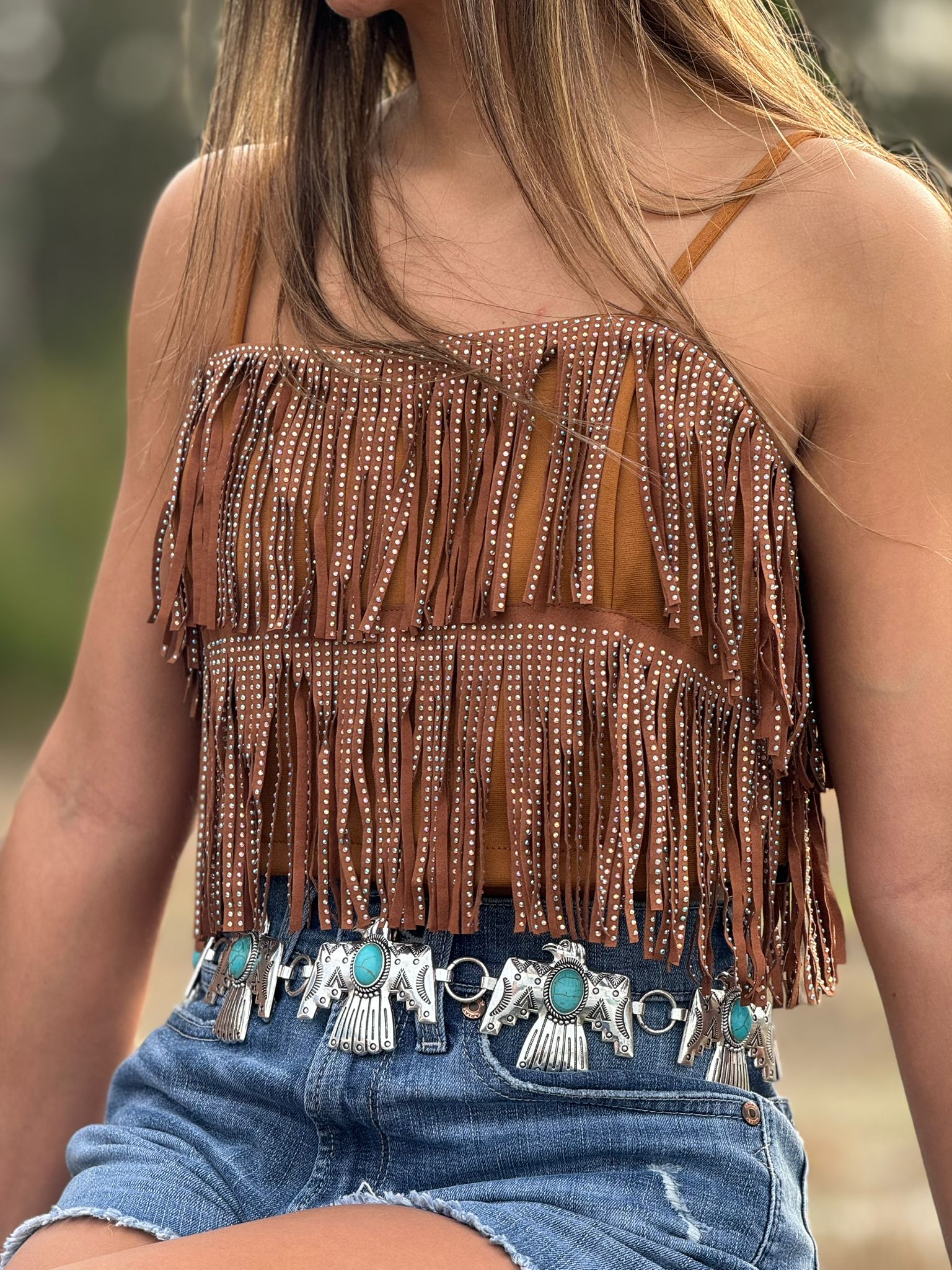 LUCKY & BLESSED CHESTNUT FRINGED EMBELLISHED SPAGHETTI STRAP