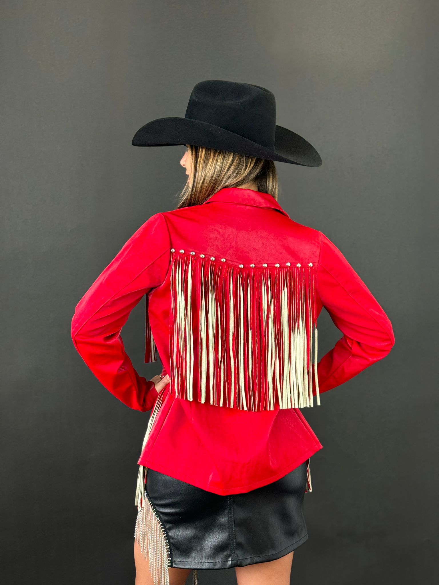 Rock&Roll Womens Long Red Jacket with Fringe Back