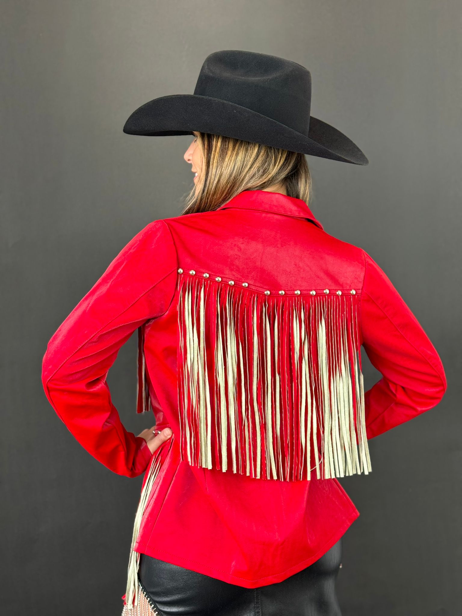 Rock&Roll Womens Long Red Jacket with Fringe Back