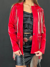 Rock&Roll Womens Long Red Jacket with Fringe Back