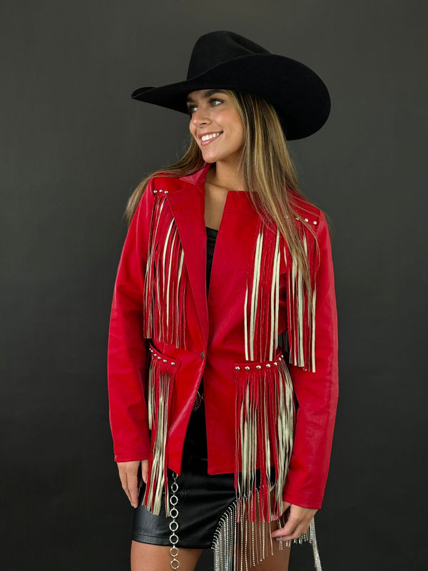 Rock&Roll Womens Long Red Jacket with Fringe Back