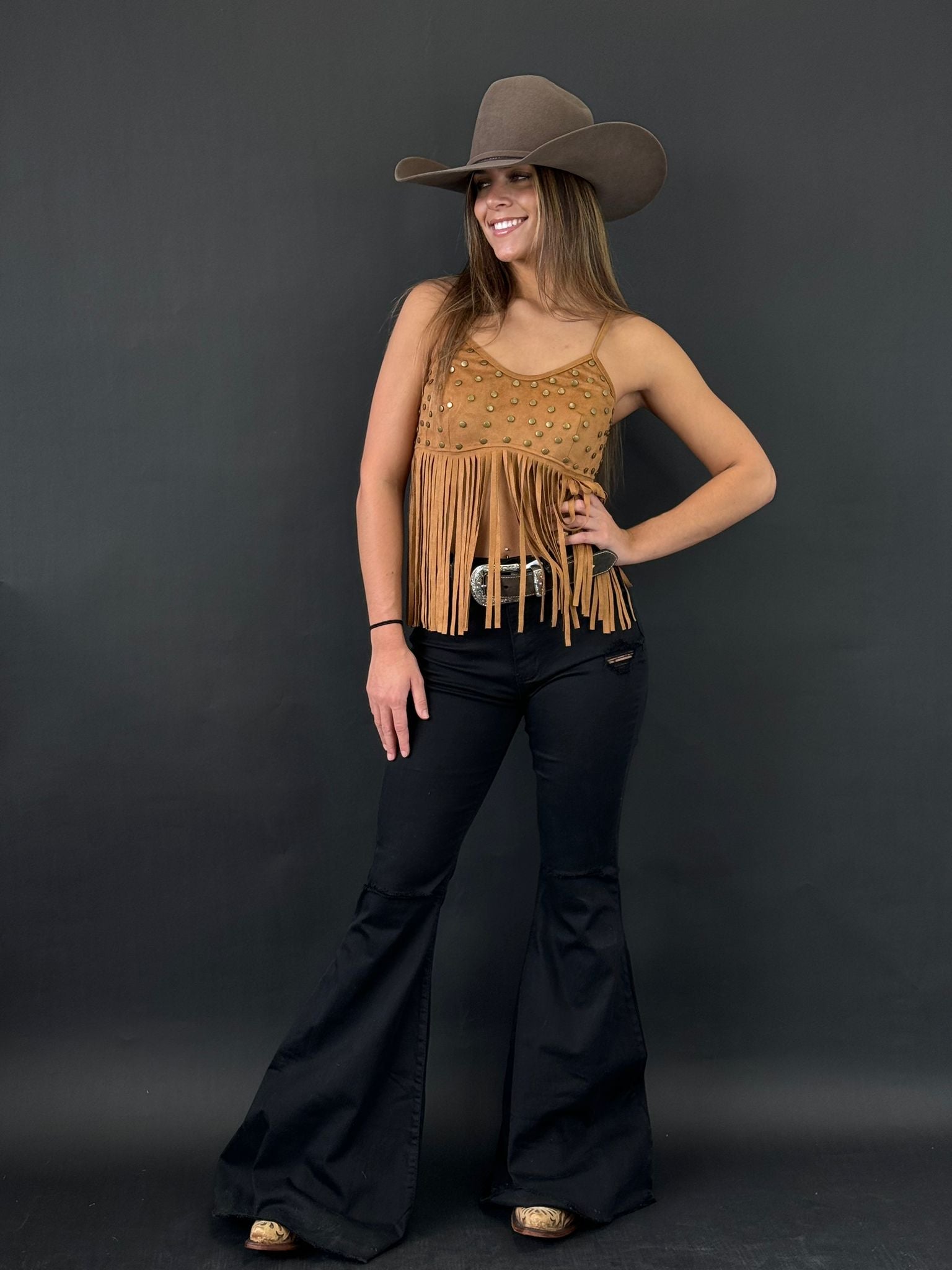 LUCKY & BLESSED BUTTERSCOTCH SILVER BUTTON BOTTOM FRINGE