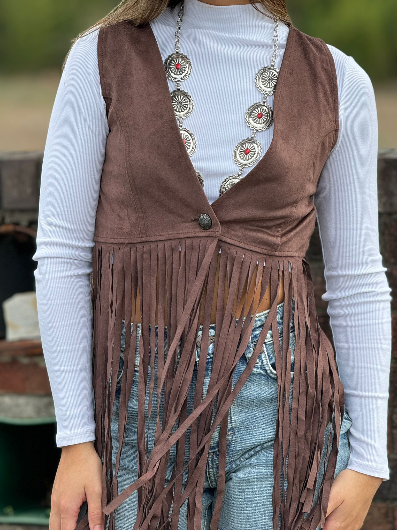 ROCK&ROLL WOMENS DARK BROWN VEST WITH STITCHING AND FRINGE