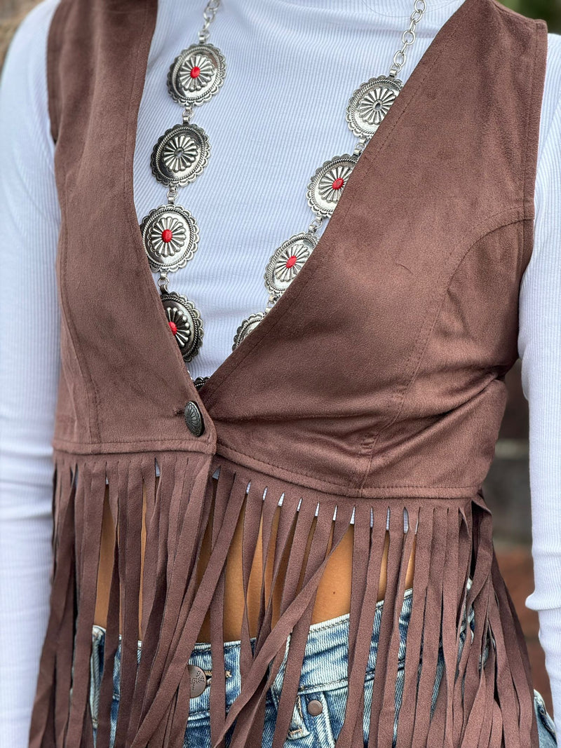 ROCK&ROLL WOMENS DARK BROWN VEST WITH STITCHING AND FRINGE