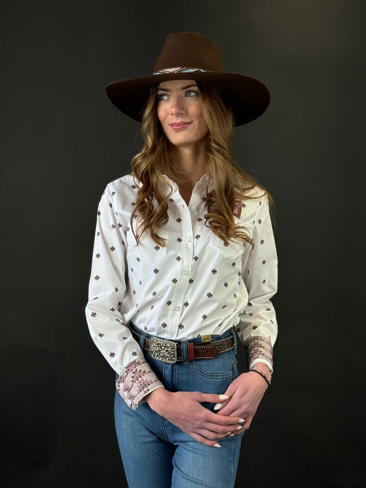 Women Ariat Kirby Long Sleeve White Thunderbird Print