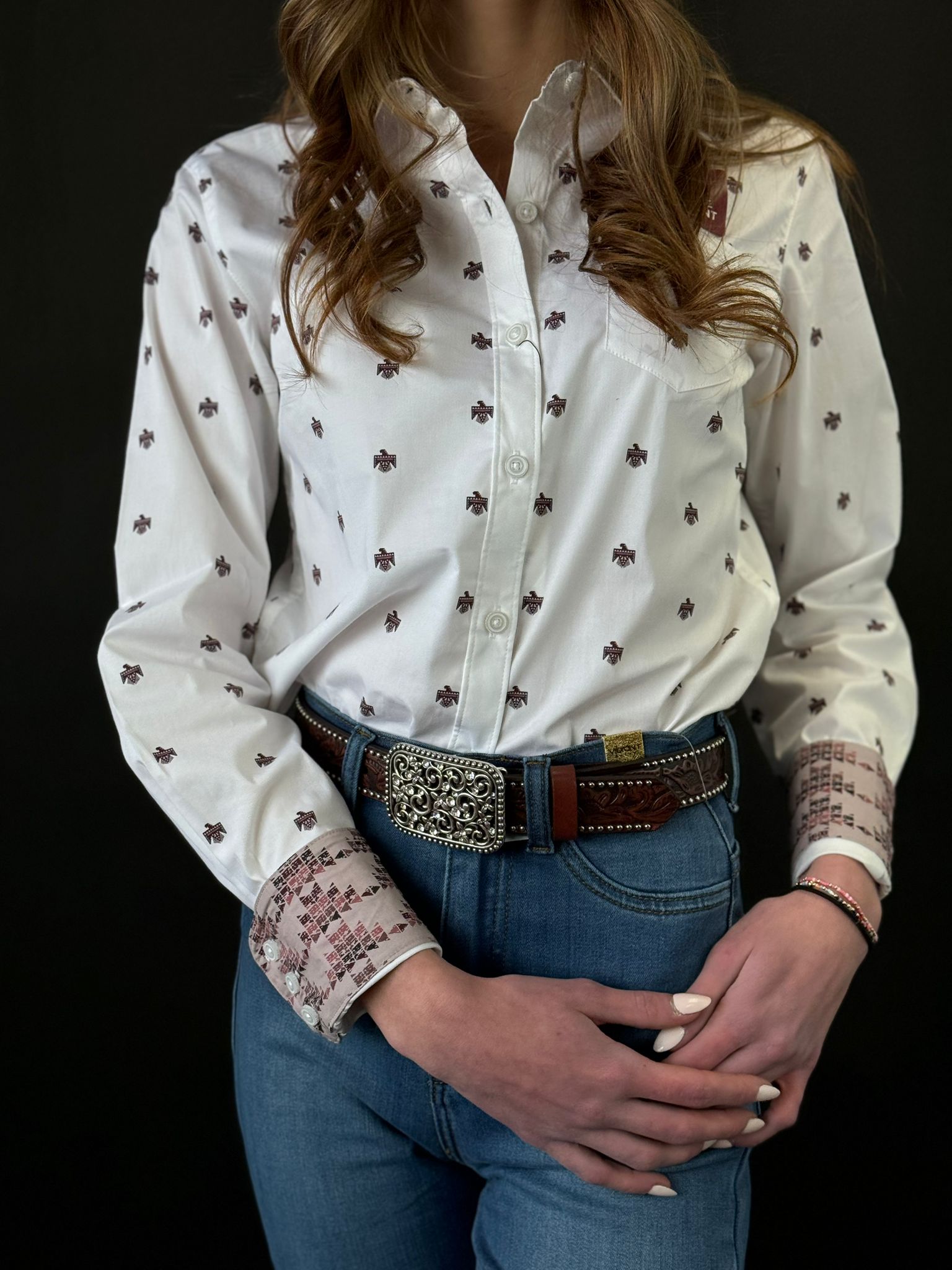 Women Ariat Kirby Long Sleeve White Thunderbird Print