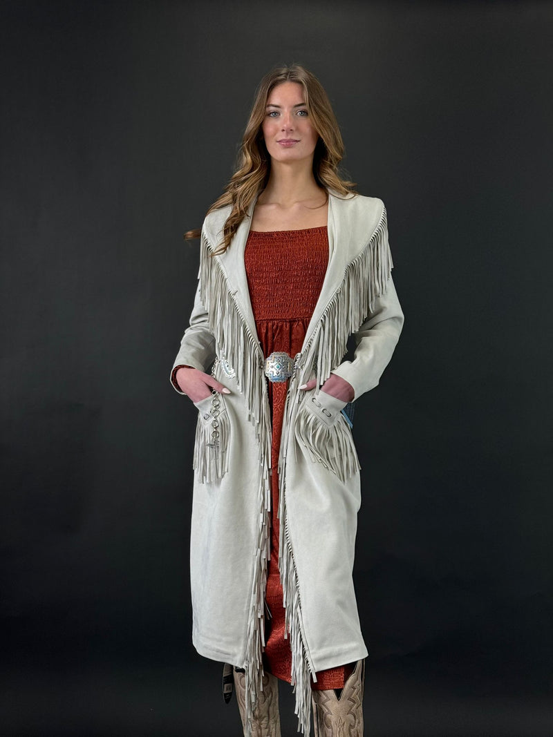 PANHANDLE X POWDER RIVER OUTFITTERS NATURAL LONG SUEDE JACKET WITH FRINGE