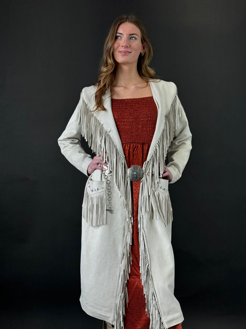 PANHANDLE X POWDER RIVER OUTFITTERS NATURAL LONG SUEDE JACKET WITH FRINGE