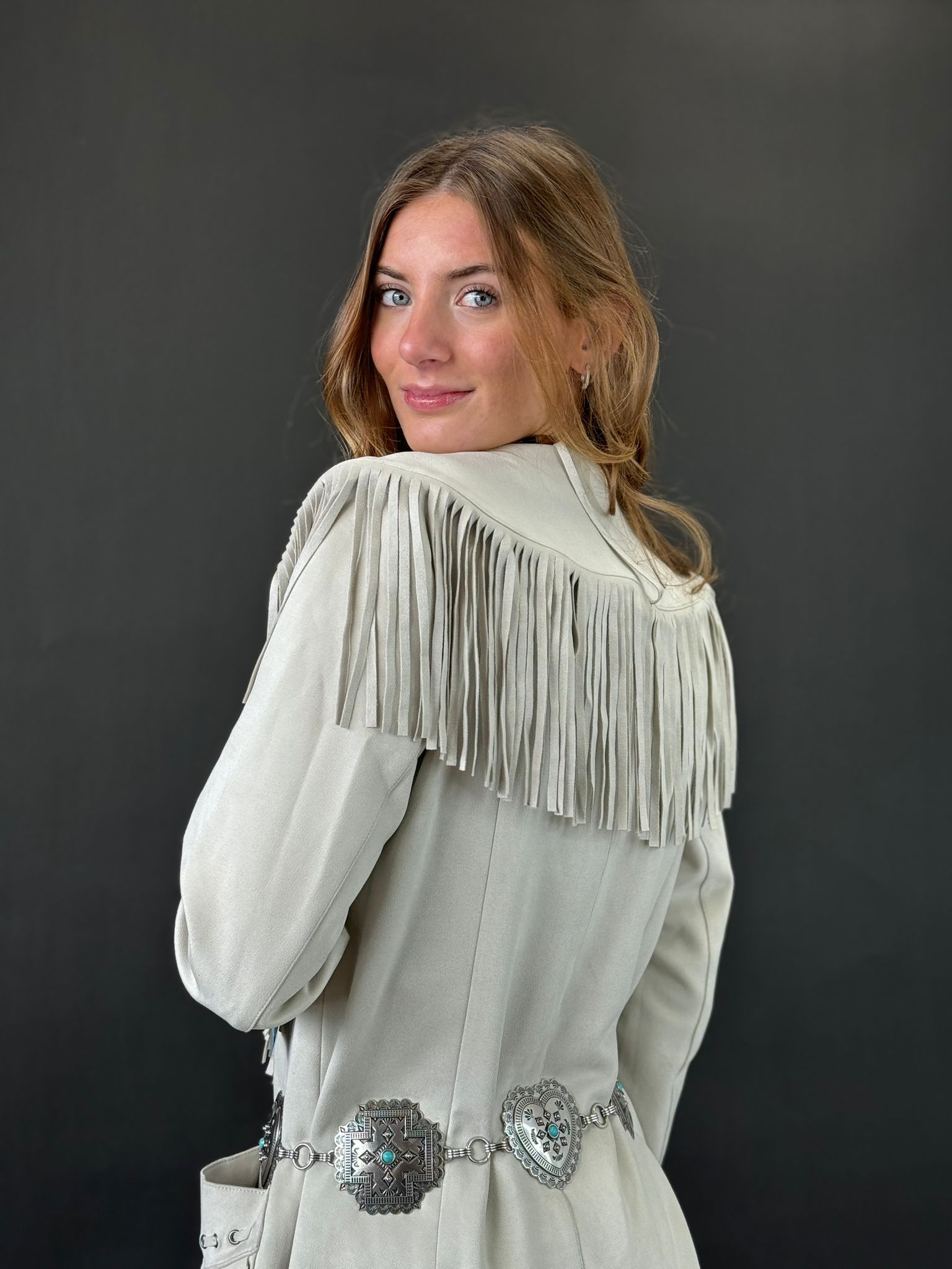 PANHANDLE X POWDER RIVER OUTFITTERS NATURAL LONG SUEDE JACKET WITH FRINGE