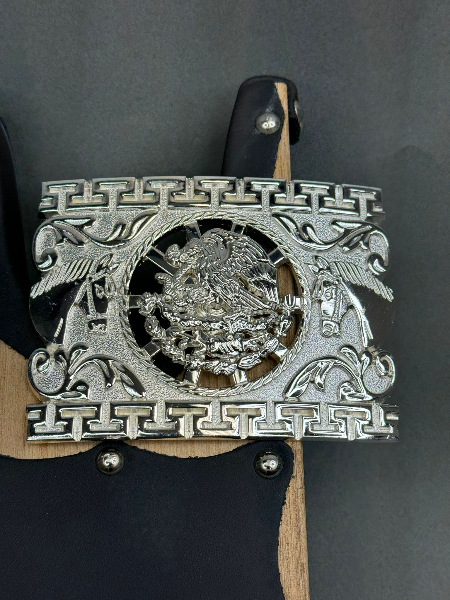 OPEN GREEK SQUARE SILVER MEXICO COAT OF ARMS BUCKLE