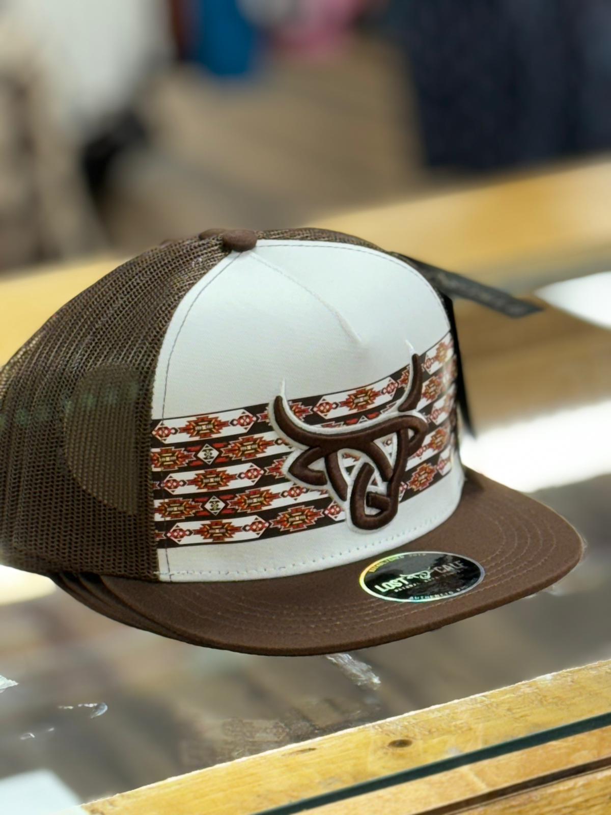 LOST CALF CAP WHITE WITH BROWN AZTEC BORDER