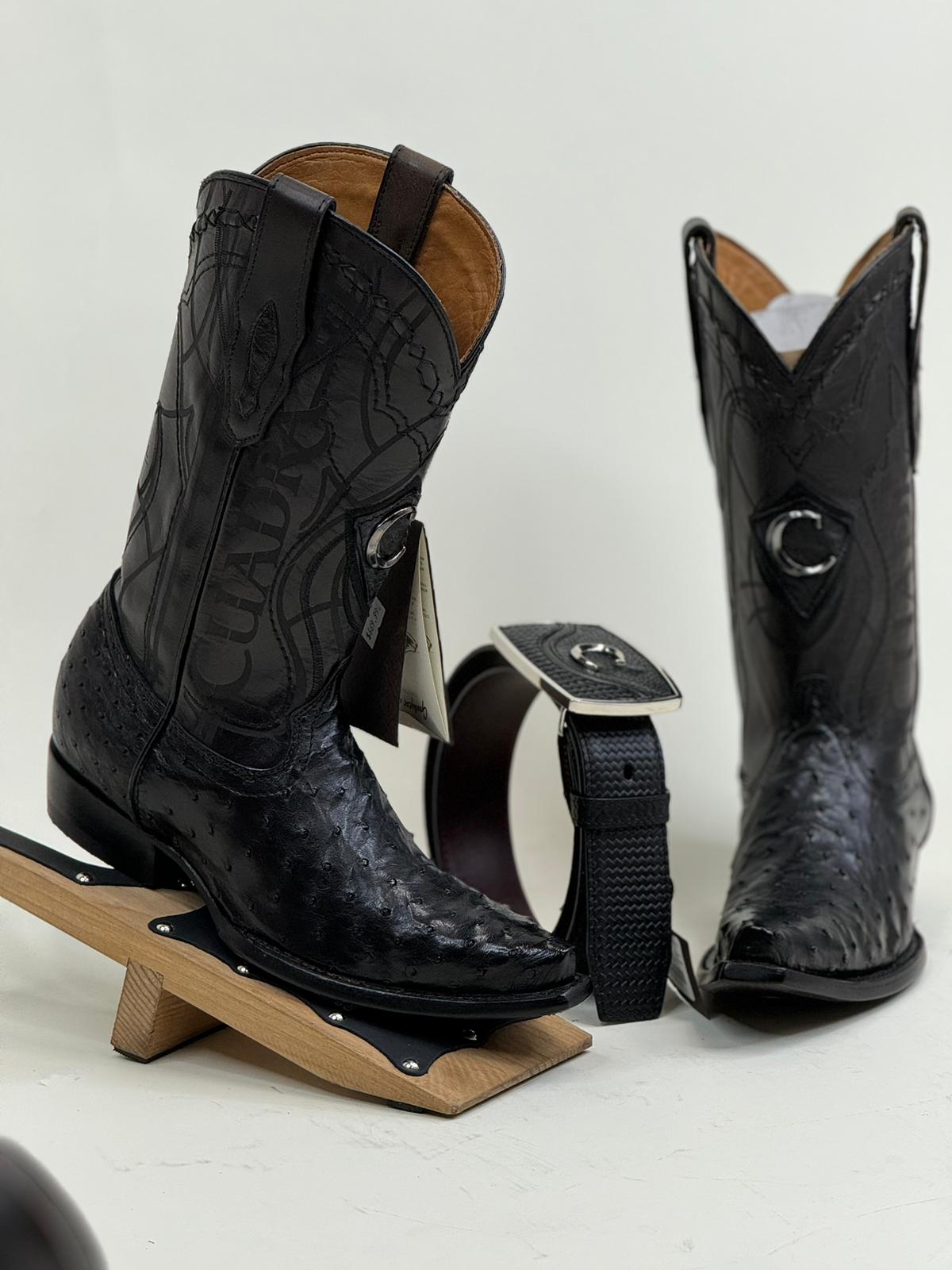 CUADRA BOOTS OSTRICH BLACK LASER & WOVEN SNIP TOE