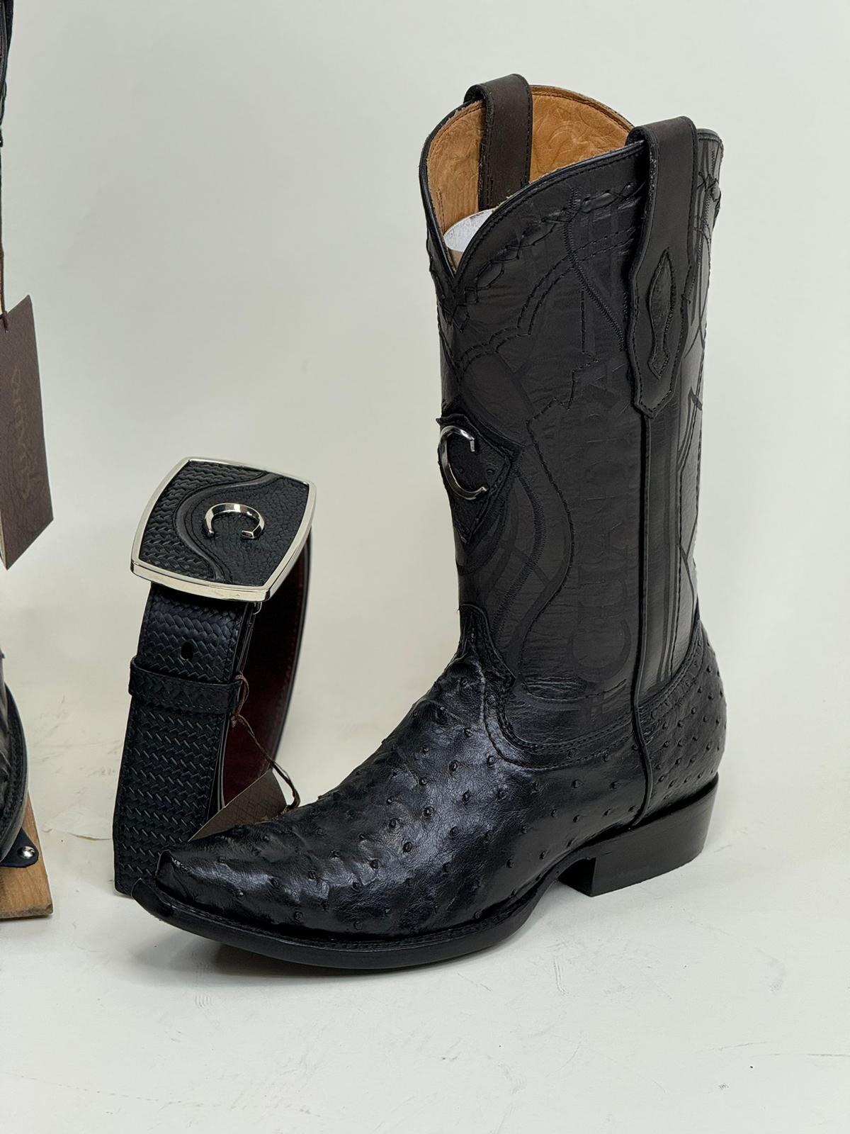 CUADRA BOOTS OSTRICH BLACK LASER & WOVEN SNIP TOE