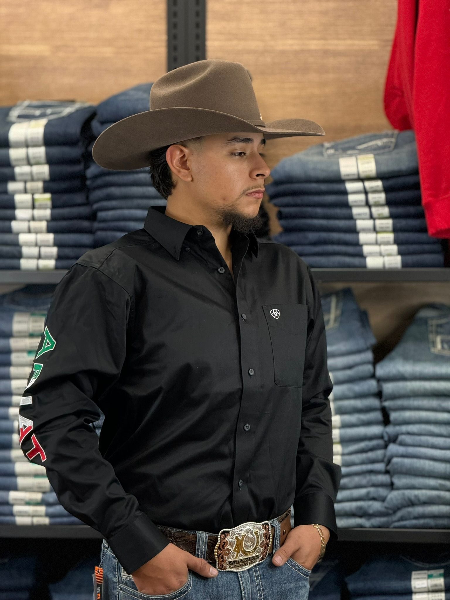 CAMISA ARIAT AJUSTADA NEGRA / LOGO MÉXICO 