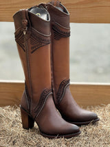 WOMEN’S CUADRA TALL BOOT RES DAMASCO CHOCOLATE EMBROIDERY ROUND TOE