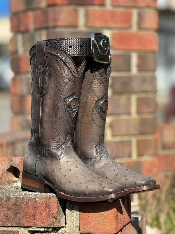 CUADRA BOOTS OSTRICH GREY LASER & EMBROIDERY SQUARE TOE