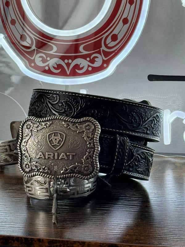 ARIAT BELT HAND TOOLED BLACK SILVER BUCKLE