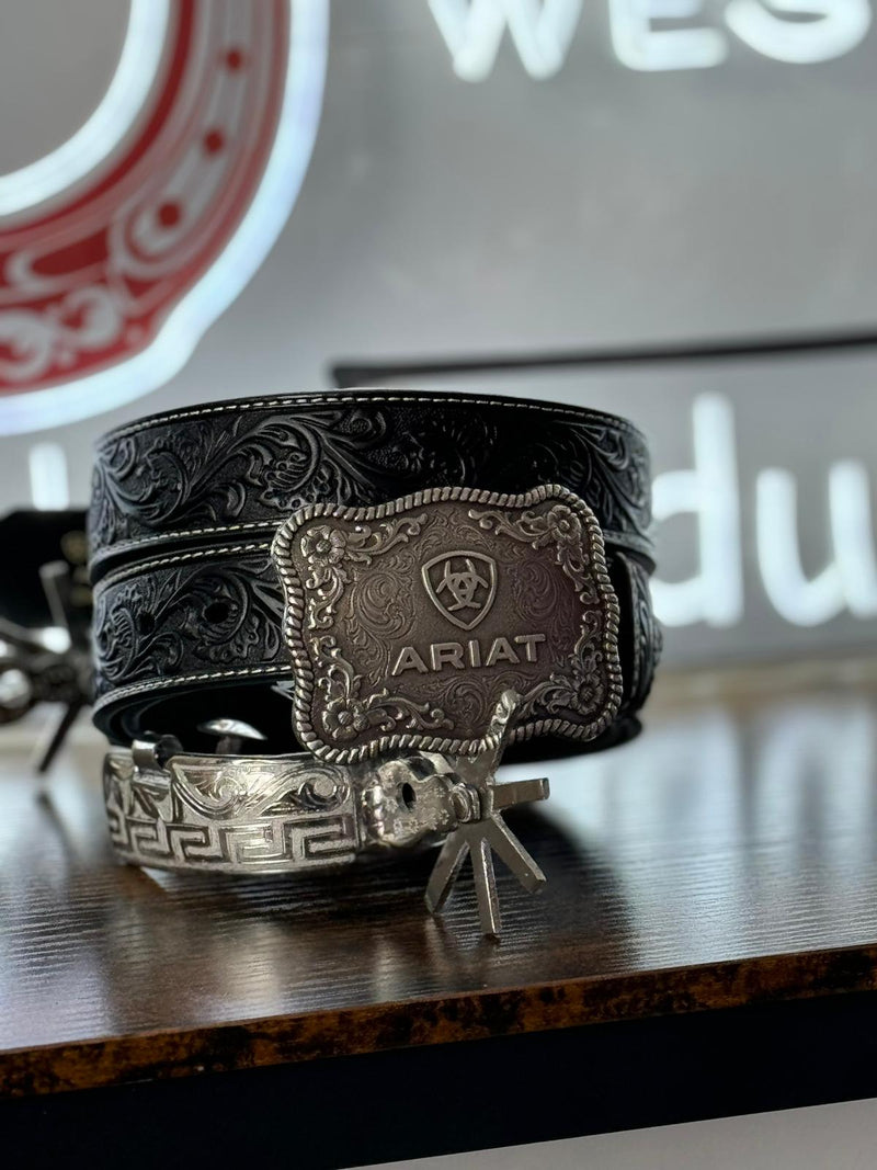 ARIAT BELT HAND TOOLED BLACK SILVER BUCKLE