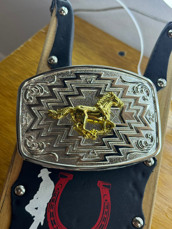 ROUNDED SQUARE GOLD HORSE SILVER AZTEC BUCKLE