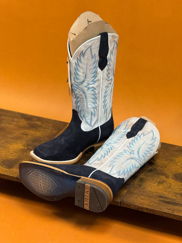 WOMEN'S ARIAT FRONTIER CALAMITY JANE POLO BLUE ROUGHOUT ELECTRIC SILVER BOOT