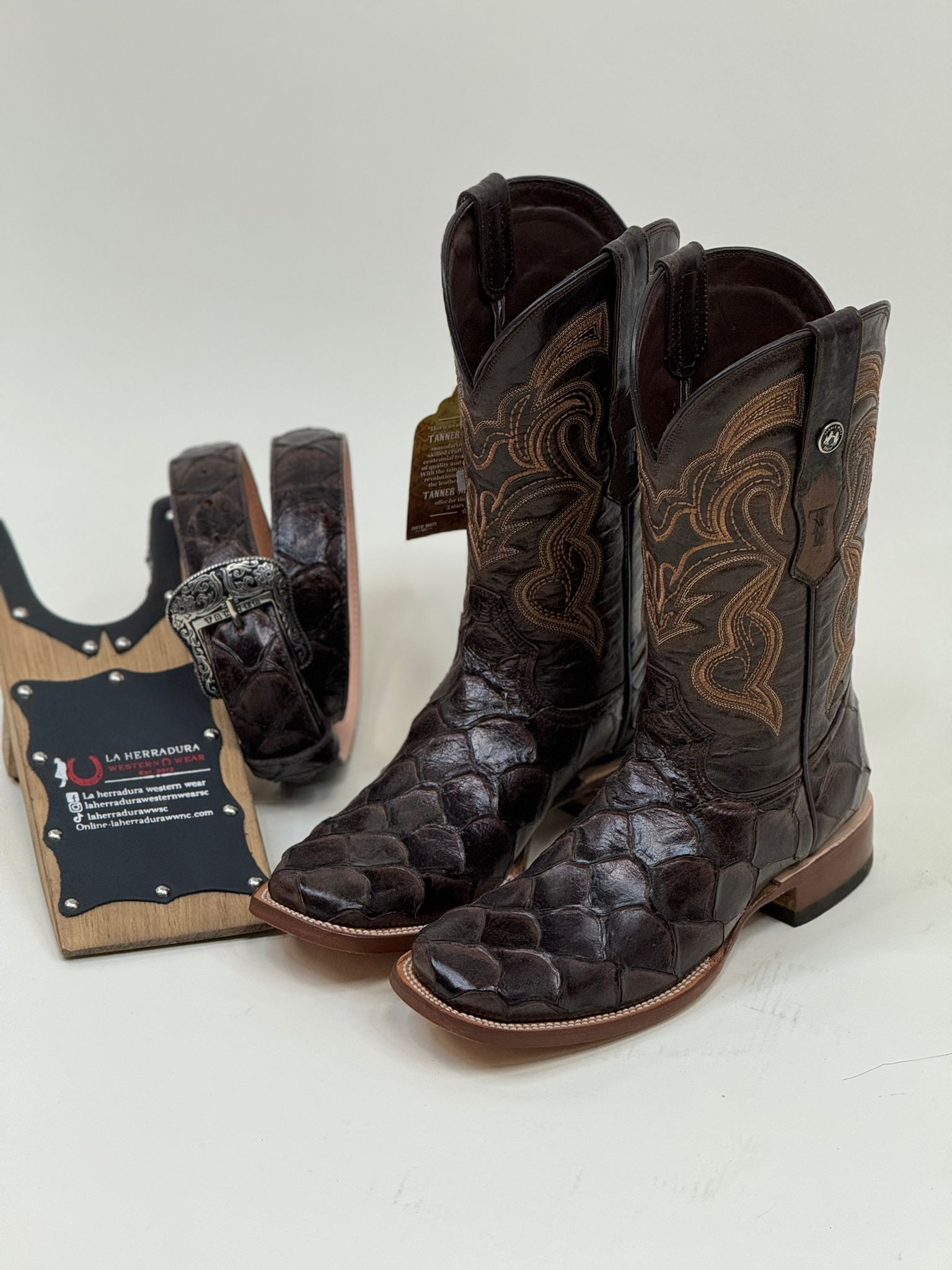 TANNER MARK BOOTS SQUARE TOE IMIT. BROWN FISH SKIN