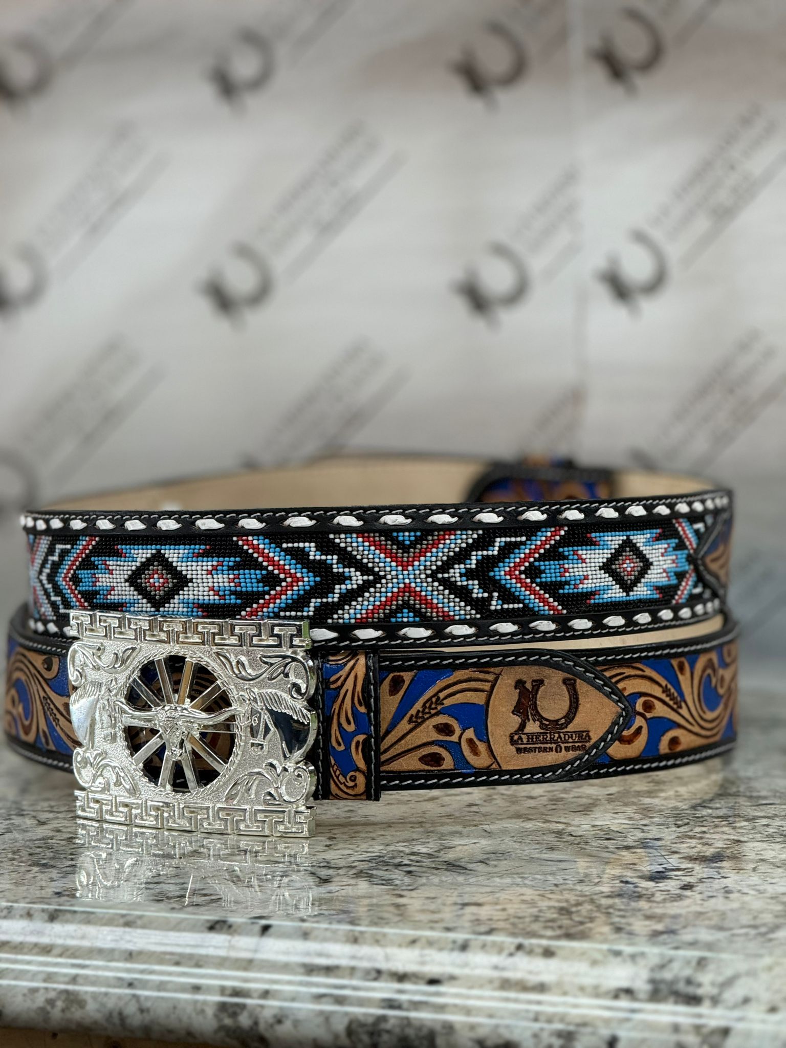 LA HERRADURA ROYAL BLUE AZTEC BEADED 2IN BELT ONLY