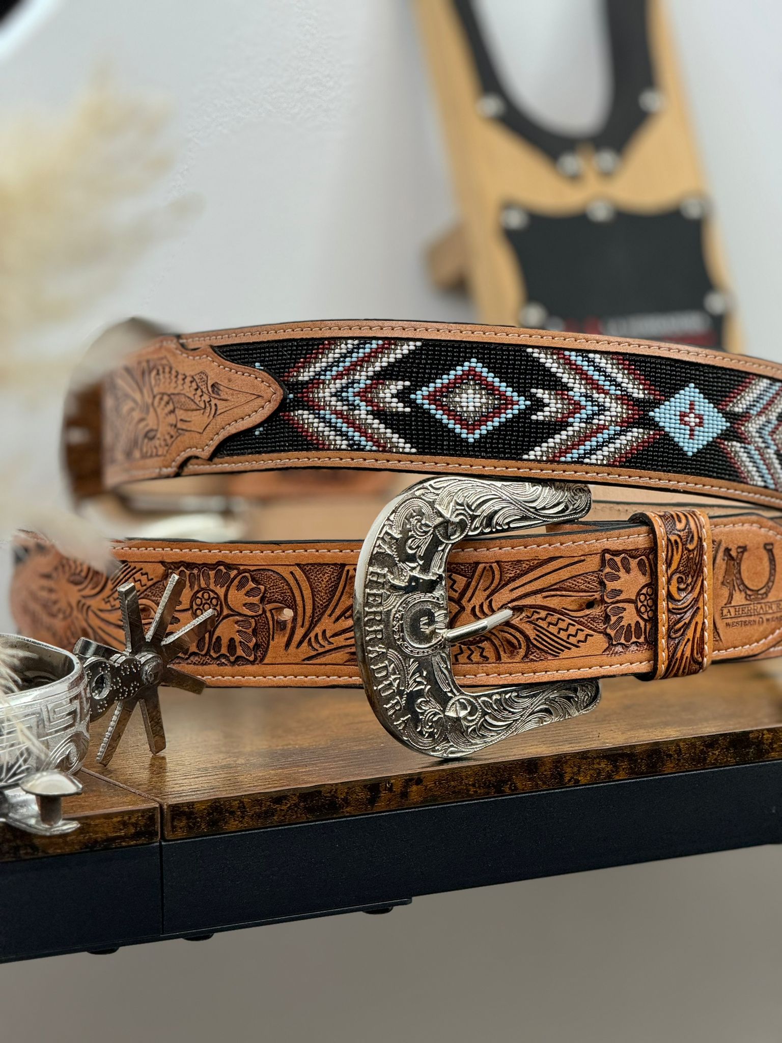 LA HERRADURA BLACK MAROON AZTEC HANDTOOLED 2 IN BELT