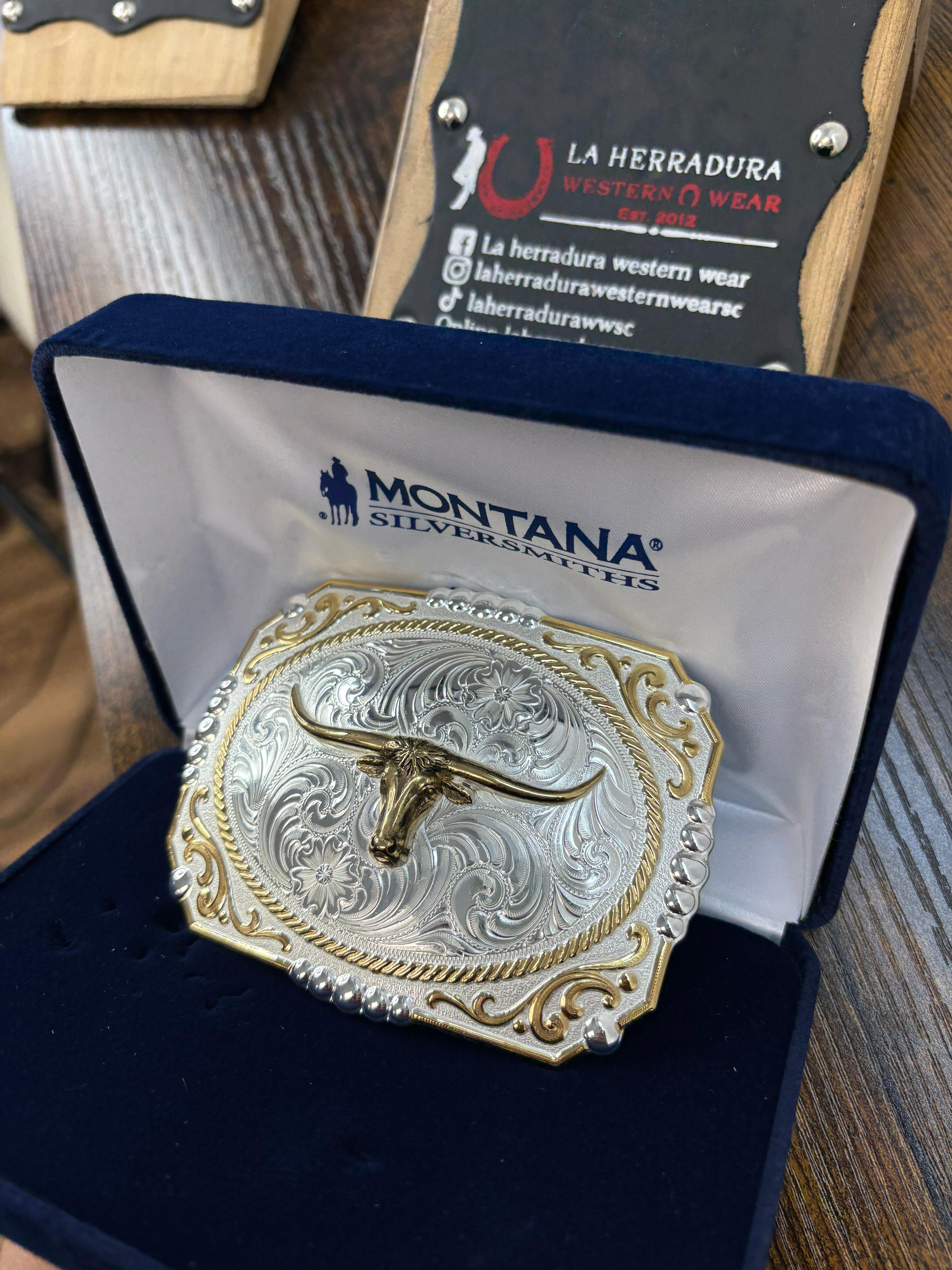 MONTANA SILVERSMITHS LONGHORN BULL TWO TONE SQUARE BUCKLE