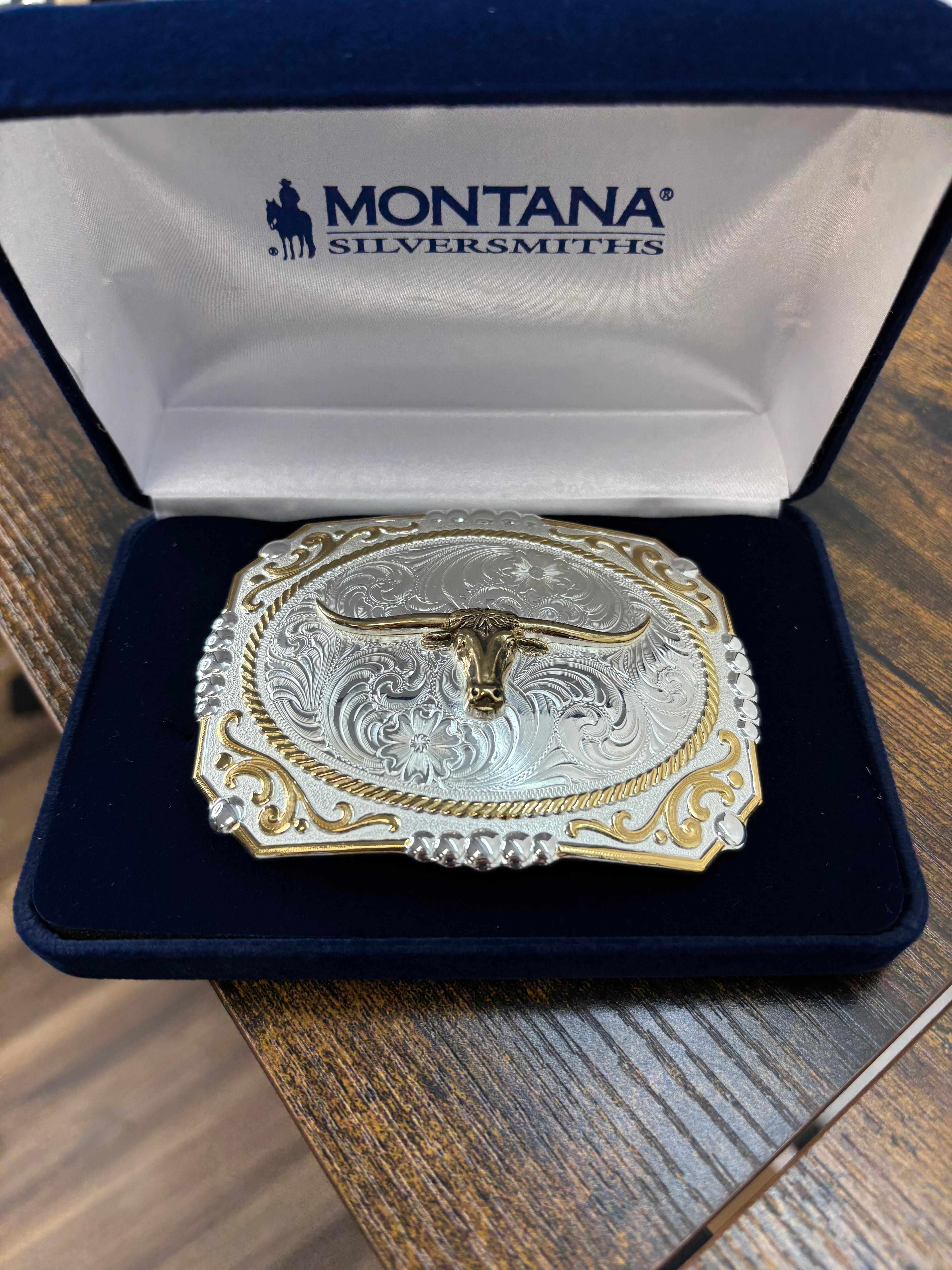 MONTANA SILVERSMITHS LONGHORN BULL TWO TONE SQUARE BUCKLE