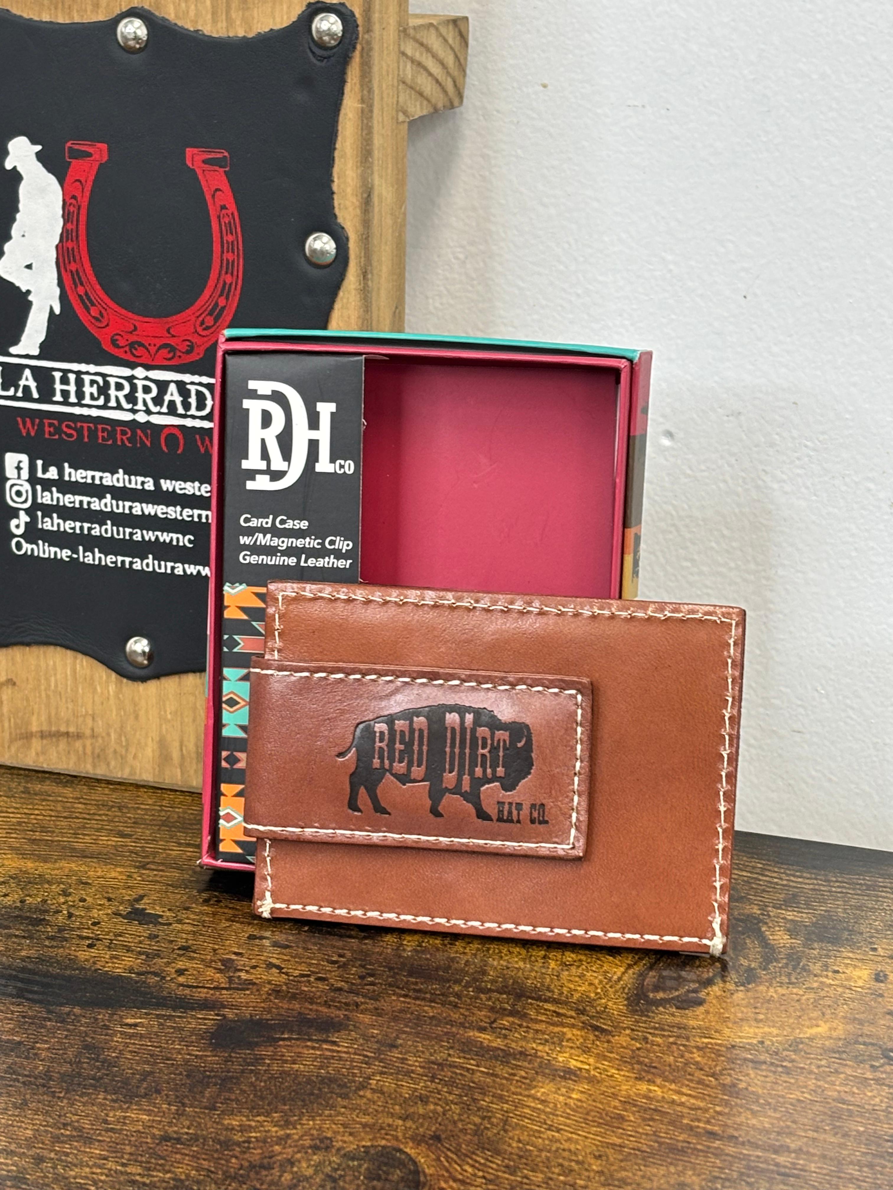 RED DIRT CARD CASE GENUINE LEATHER BROWN-BLACK-WHITE WITH MAGNETIC CLIP