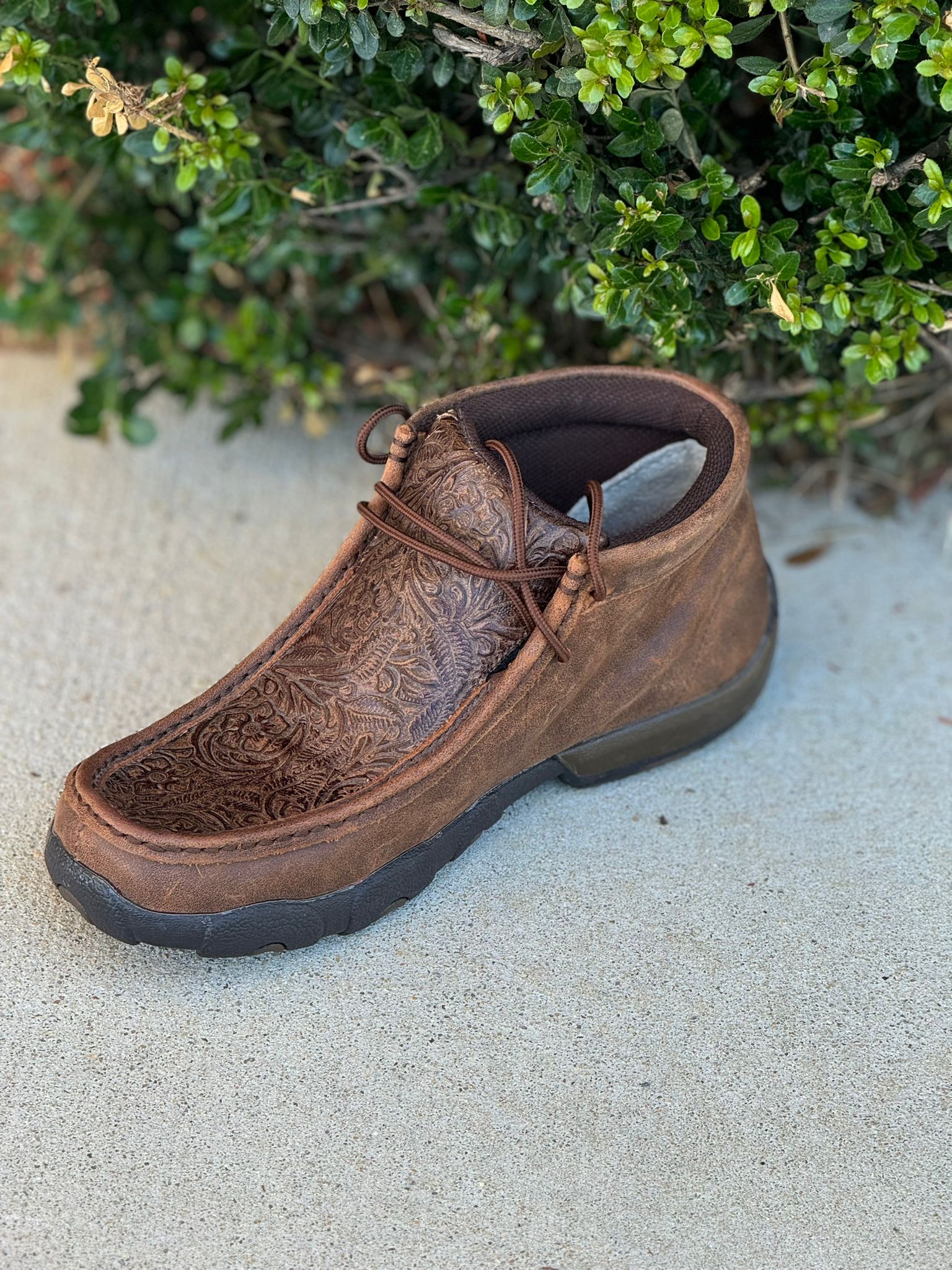 TWISTED X MENS DRIVING MOC BROWN HAND TOOLED PRINT CASUAL SHOE