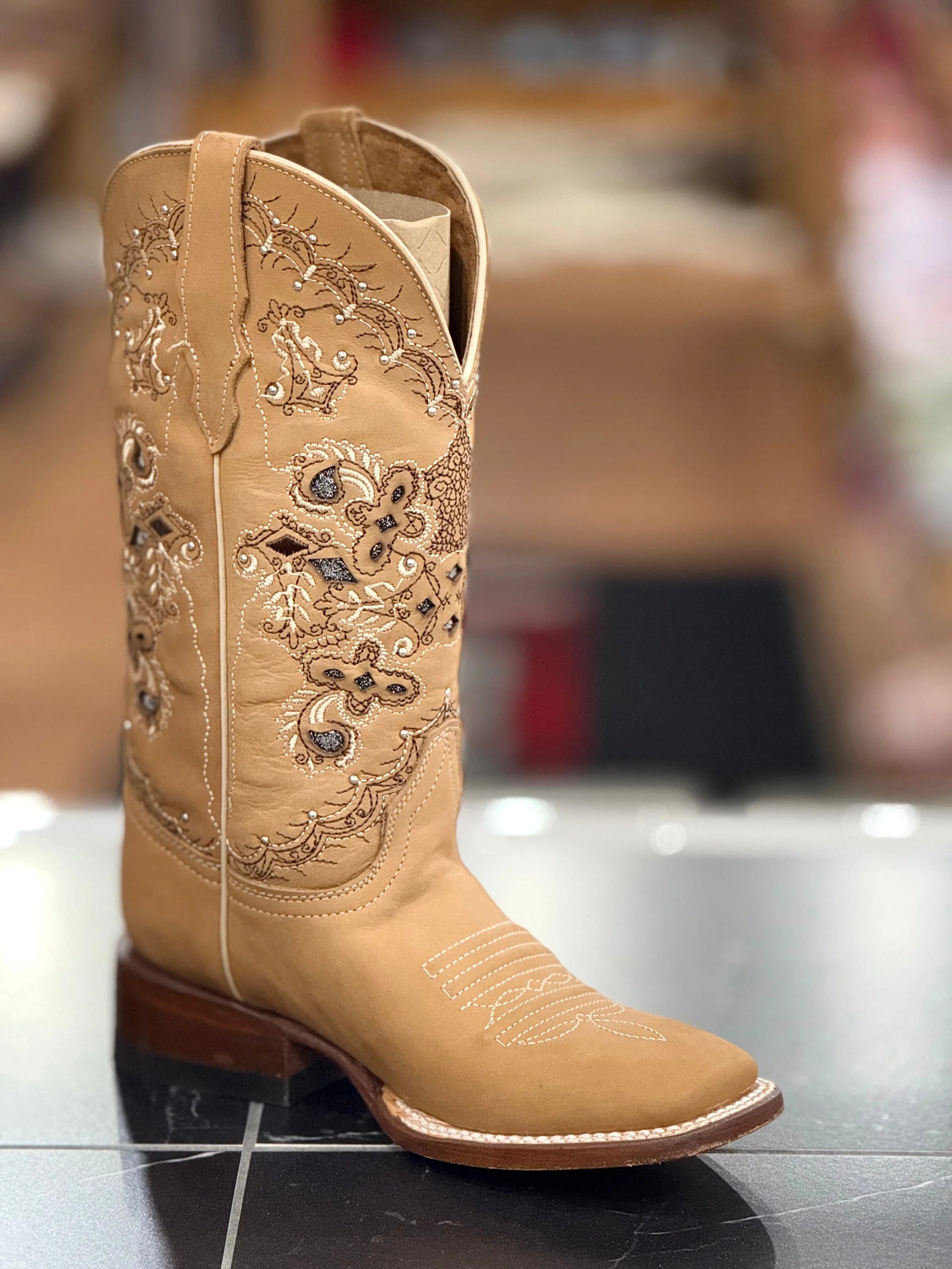 AGAVE CRAZY TAN L. ENCAJE PLATA SQUARE TOE WOMEN BOOT BOTAS MUJERES