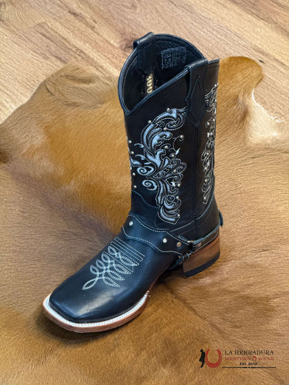 BOTA DE MUJER DE PUNTA CUADRADA TONY BD GRASA DE ARROZ NEGRO LÁSER AGAVE