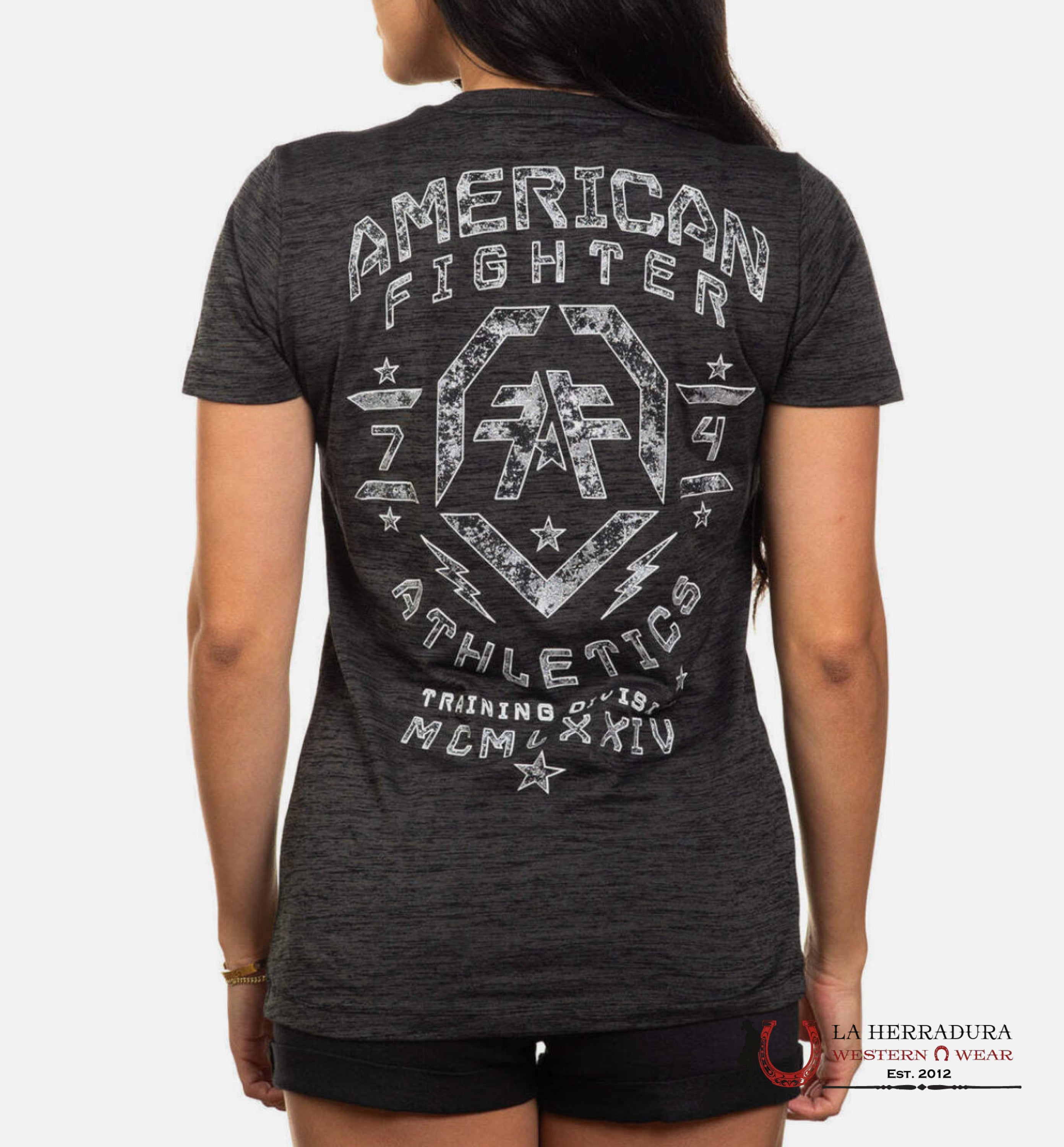 AMERICAN FIGHTER WOMEN T-SHIRT DARK GREY WHOTE OUT LINED SILVER GLITTER HAVER FORD FW15181 ROPA MUJERES