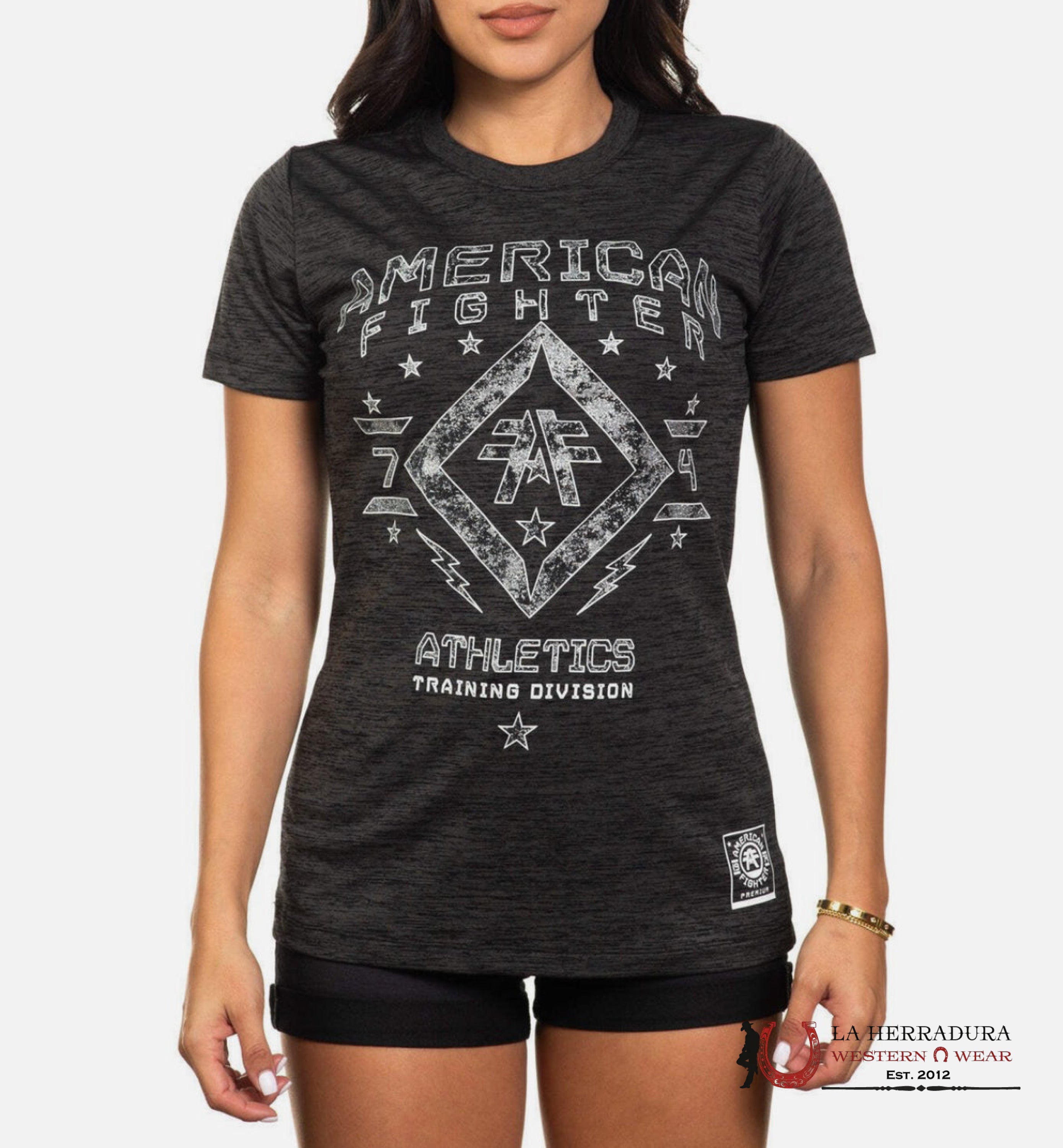 AMERICAN FIGHTER WOMEN T-SHIRT DARK GREY WHOTE OUT LINED SILVER GLITTER HAVER FORD FW15181 ROPA MUJERES