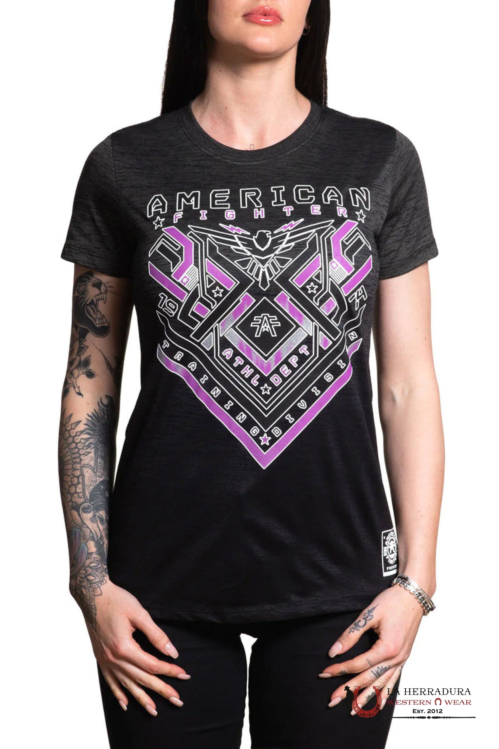 AMERICAN FIGHTER WOMEN T-SHIRT GREY FADED IN BLACK PURPLE KELVIN FW14230 ROPA MUJERES