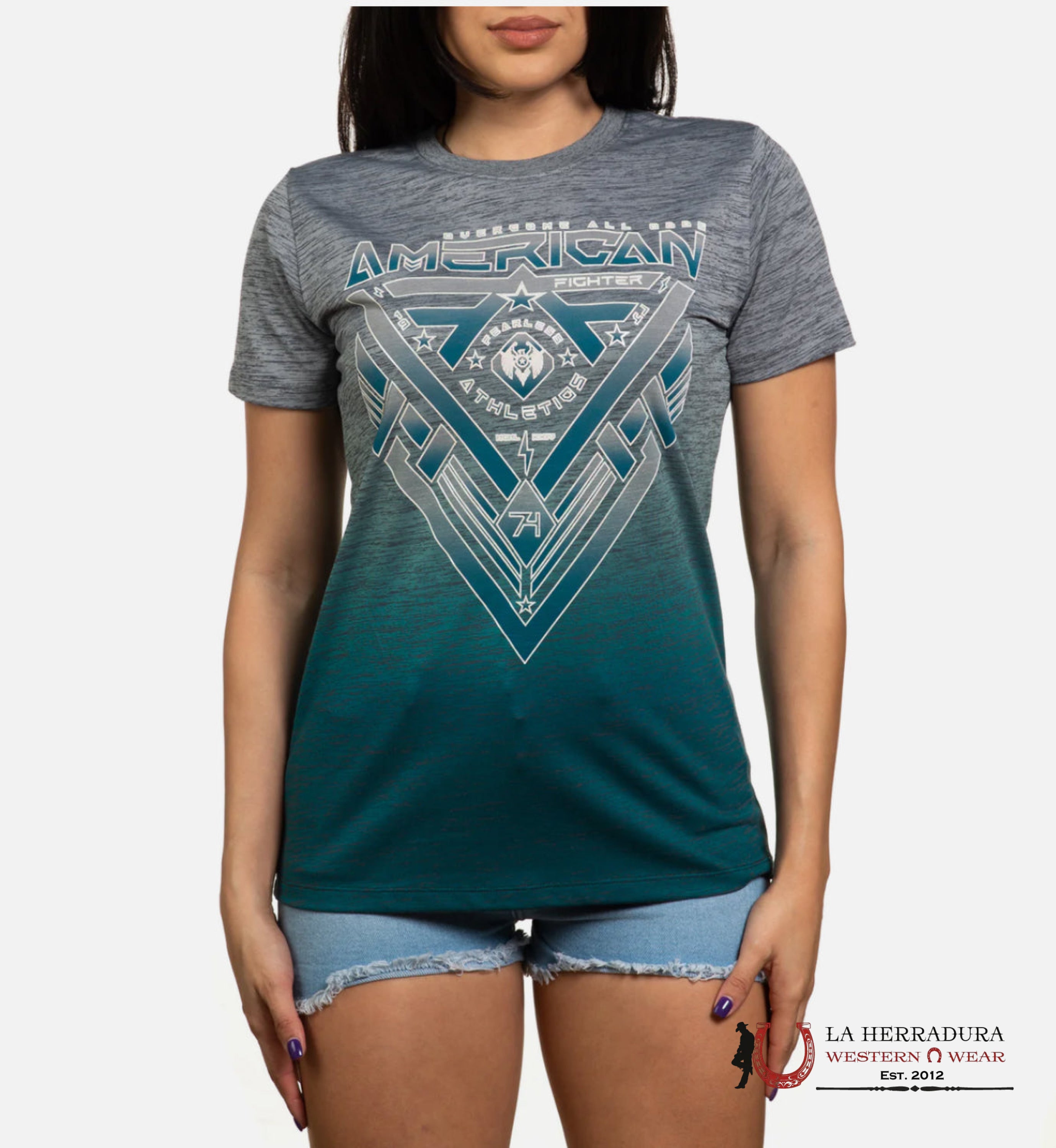 AMERICAN FIGHTER WOMEN T-SHIRT GREY FADED INTO MINT GREEN HIGH RDG FW14755 ROPA MUJERES