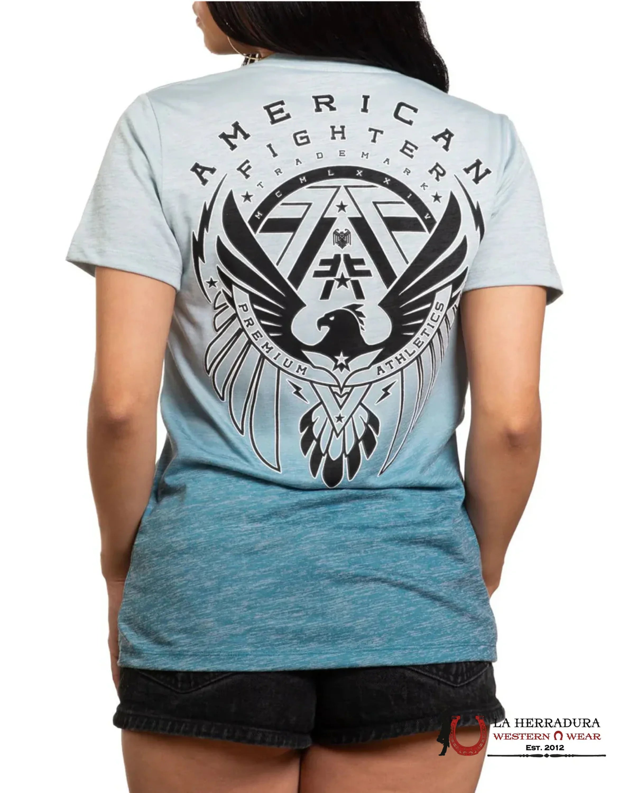 AMERICAN FIGHTER WOMEN T-SHIRT SKY BLUE FADED TO MINT BLUE BLACK LOGO FW15353 ROPA MUJERES