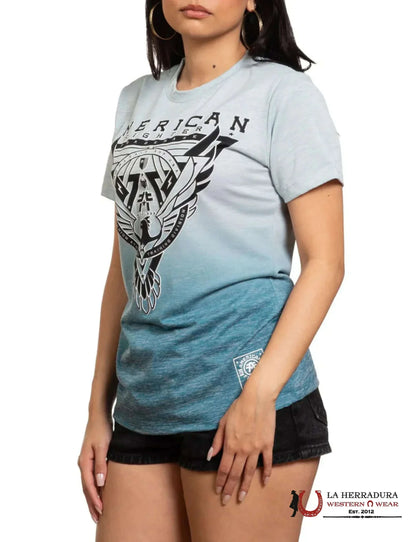 AMERICAN FIGHTER WOMEN     T-SHIRT SKY BLUE FADED TO MINT BLUE BLACK LOGO FW15353
