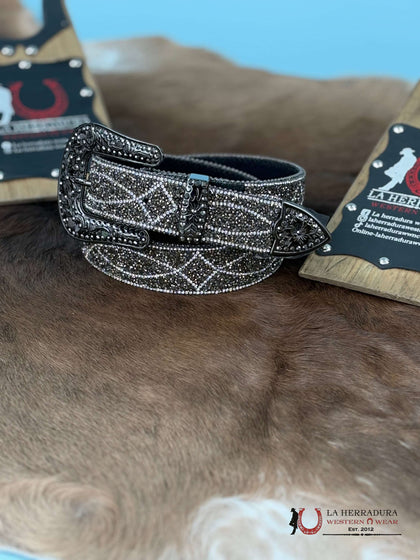 Cinturón para mujer Angel Ranch Western de cuero con cuentas de resina de hematita negro D140009401
