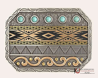 ARIAT AZTEC MULTI-FINISHED & TURQUOISE ACCENTS BELT BUCKLE A37062