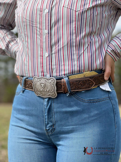 ARIAT BELT HAND TOOLED COGNAC SILVER BUCKLE 20467