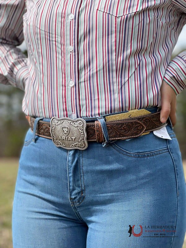 ARIAT BELT HAND TOOLED COGNAC SILVER BUCKLE 20467